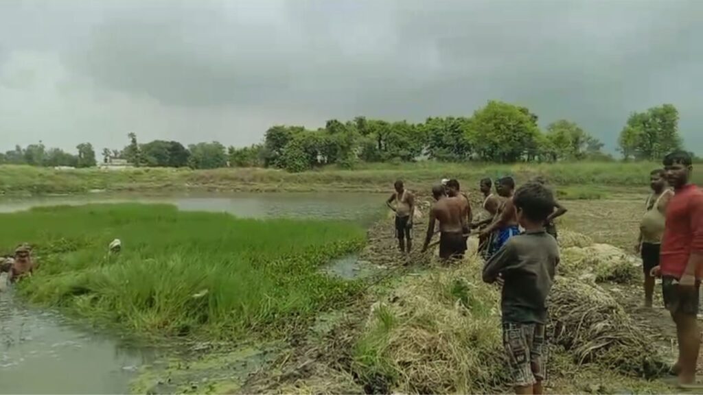 Villagers cleaning the pond