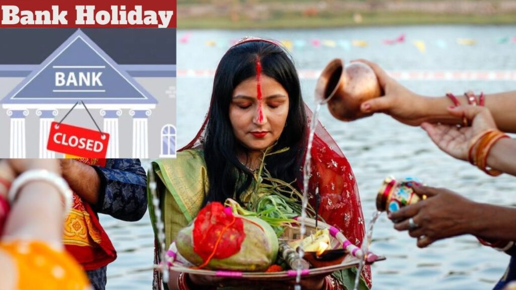 Bank branch shuttered notice with Chhath Puja 2025 bank holiday announcement for Bihar and Jharkhand