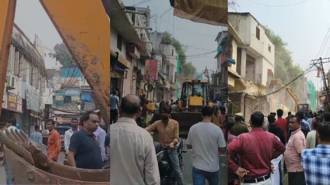 पाण्डेयहाता में बुलडोजर कार्रवाई, विरासत गलियारा चौड़ीकरण के तहत तोड़ी जा रहीं दुकानें