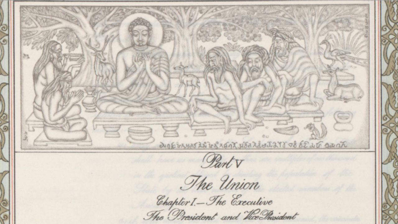संविधान के प्रत्येक अध्याय की शुरुआत भारत के इतिहास से जुड़ी एक अनोखी कलाकृति से होती है। कुल 22 चित्र भारत की सभ्यता को सिंधु घाटी से लेकर स्वतंत्रता संग्राम तक दर्शाते हैं। (Img-Google)