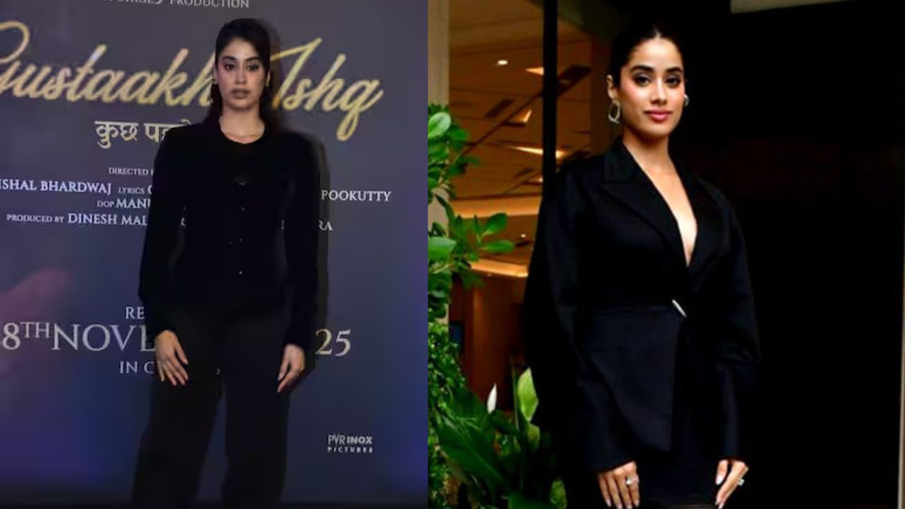 जाह्नवी कपूर का ब्लैक वेलवेट जैकेट और पैंट वाला लुक काफी ग्लैमरस था। उनका यह स्टाइलिश अंदाज सोशल मीडिया पर जमकर पसंद किया जा रहा है। (Img source: Google)