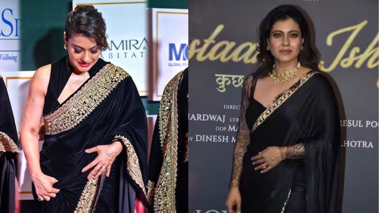काजोल भी ब्लैक साड़ी में बेहद खूबसूरत नजर आईं। गोल्डन बॉर्डर वाली इस साड़ी ने उनके एलीगेंट लुक में और निखार भर दिया। (Img source: Google)