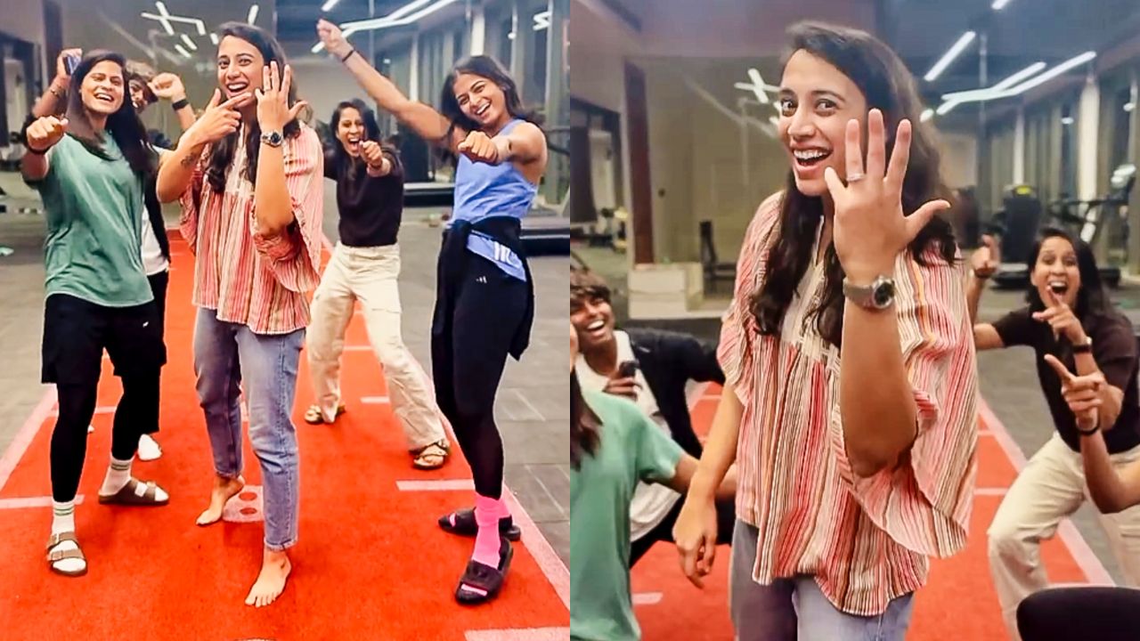 स्मृति ने टीममेट्स जेमिमा, राधा, श्रेयंका और अरुंधति के साथ “समझो हो ही गया” पर कोरियोग्राफ्ड रील बनाकर अपनी इंगेजमेंट की आधिकारिक पुष्टि की। रील के अंत में उन्होंने कैमरे पर रिंग दिखाकर फैंस की खुशी दोगुनी कर दी। (Img: Instagram)