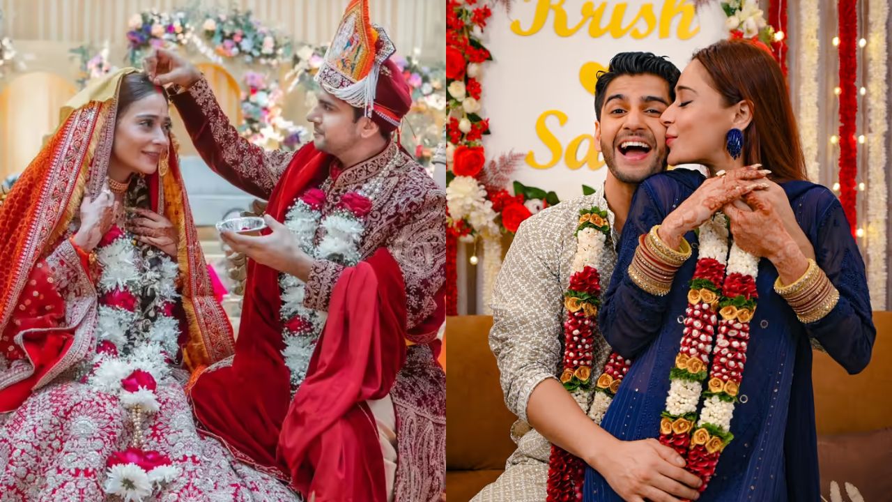 सारा खान: टीवी एक्ट्रेस सारा ने अक्टूबर 2025 में लॉन्ग टाइम बॉयफ्रेंड कृष पाठक के साथ रजिस्टर्ड मैरिज की, इसके बाद सात फेरे भी लिए। लाल रंग का शादी का जोड़ा और पहाड़ी गोल्ड ज्वेलरी उनके लुक को और भी खूबसूरत बना रहे थे। (Img- Internet)