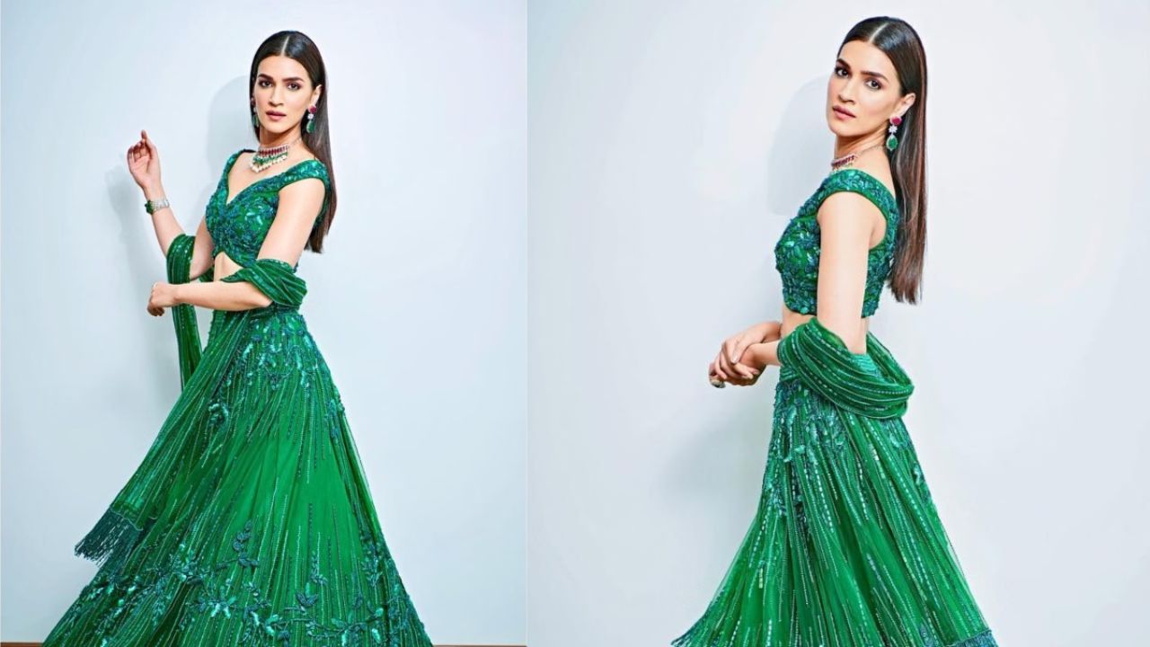 ग्रीन और गोल्डन टोन वाले उनके आउटफिट में ट्रेडिशनल वाइब और मॉडर्न स्टाइल का बिल्कुल सही संतुलन है।