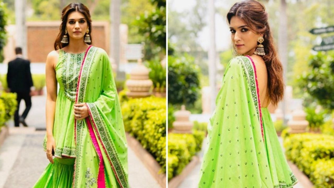 रिसेप्शन के लिए कृति का ट्रेडिशनल शरारा सूट एकदम फर्स्ट-क्लास ऑप्शन है। हैवी एम्ब्रॉयडरी, फ्लोई दुपट्टा और सटल मेकअप इस लुक को खास बनाते हैं। यह लुक उन महिलाओं के लिए शानदार है जो रिसेप्शन में रॉयल भी दिखना चाहती हैं और कम्फर्ट भी चाहती हैं।