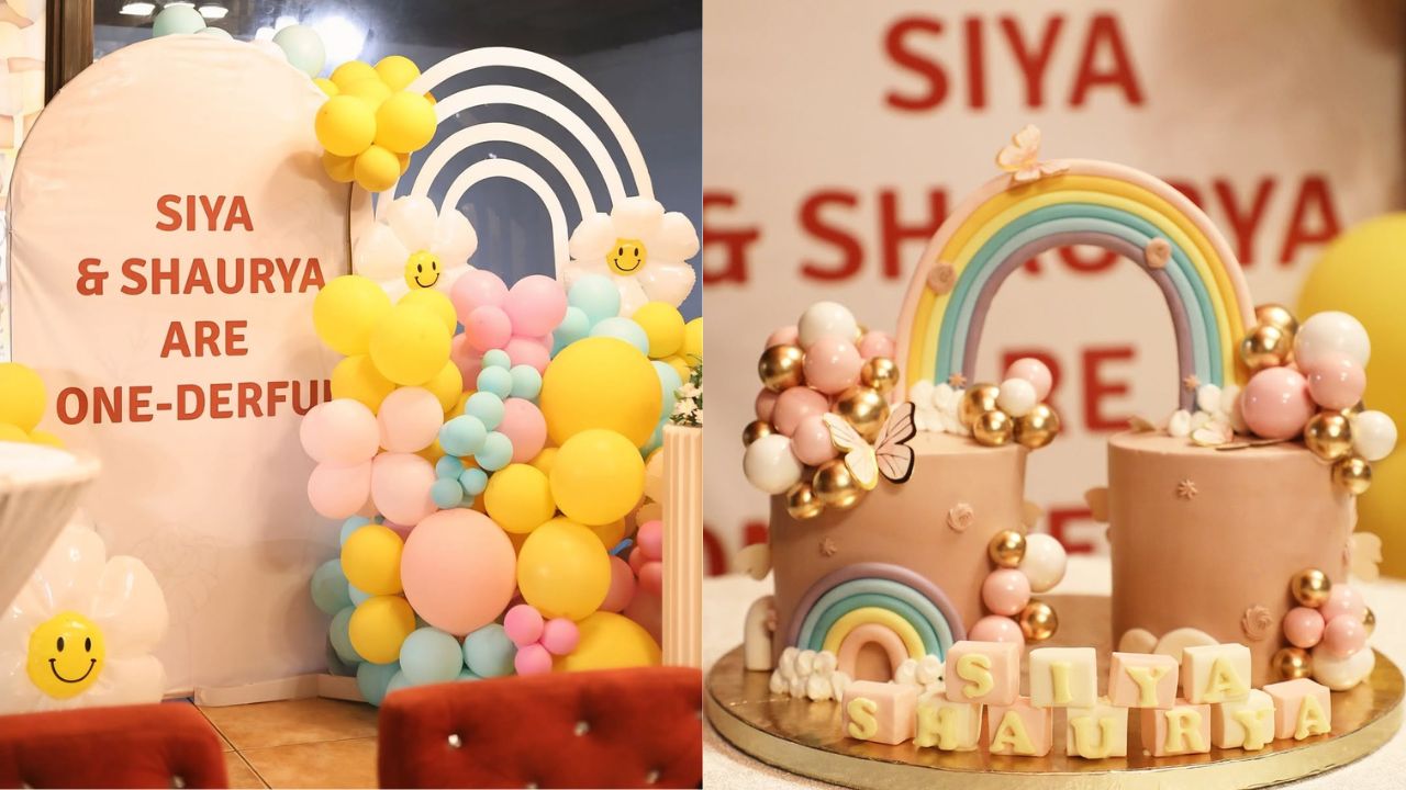 सेलिब्रेशन की तस्वीरों में नीले, गुलाबी, पीले और सफेद गुब्बारों से सजा हुआ वेन्यू नजर आ रहा था। एक स्टैंडी पर लिखा था, “सिया और शौर्य वन-डेरफुल हैं।” श्रद्धा ने बच्चों का स्पेशल बर्थडे केक भी दिखाया, जिस पर इंद्रधनुष और गुब्बारों की खूबसूरत सजावट थी। (Img: Instagram)