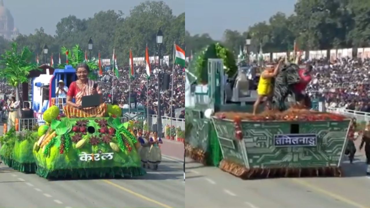 केरल और तमिलनाडु: केरल की झांकी में वॉटर मेट्रो, 100% डिजिटल साक्षरता और राज्य के विकासशील इंफ्रास्ट्रक्चर को दिखाया गया। वहीं तमिलनाडु की झांकी में ‘समृद्धि का मंत्र – आत्मनिर्भर भारत’ की थीम के तहत राज्य की तकनीकी और सांस्कृतिक प्रगति दिखाई गई।