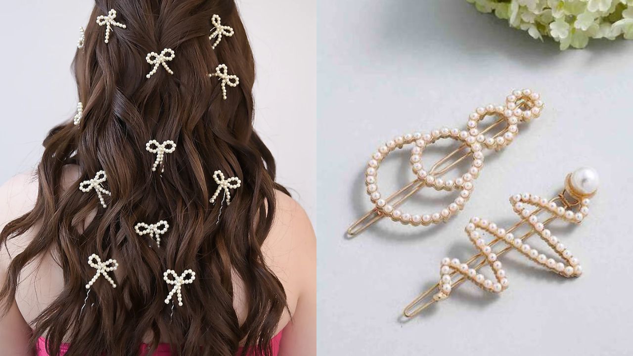 पर्ल स्टडेड पिन्स: पर्ल्स की क्लासिक सुंदरता साड़ी के परंपरागत लुक को और निखार देती है। पर्ल पिन्स छोटे हो या बड़े, इन्हें बालों में अलग-अलग तरीके से लगाकर मनचाही स्टाइल तैयार की जा सकती है। यह शादी, पार्टी या किसी फेस्टिवल के लिए परफेक्ट हैं। (Img- Internet)
