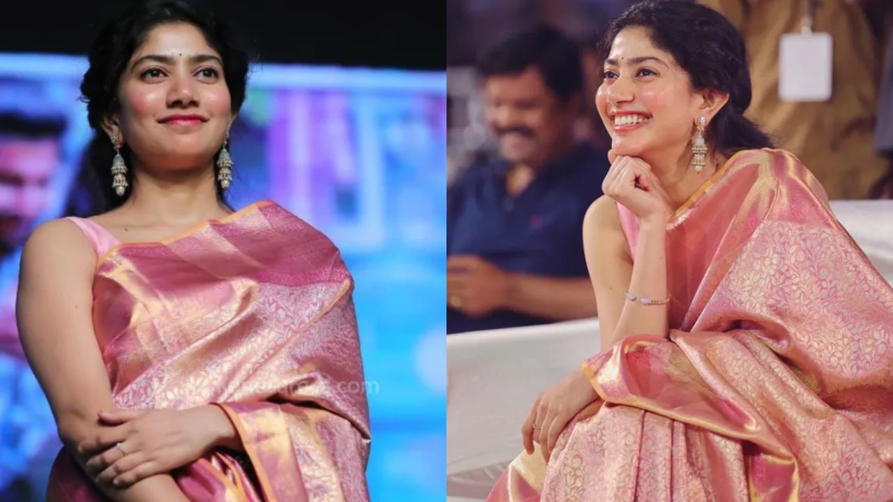 एक तस्वीर और वायरल हुई थी, जिसमें साई ने हल्के गुलाबी और गोल्डन रंग की खूबसूरत सिल्क साड़ी पहनी थी। बता दें कि बारीक डिजाइन और गहरे गुलाबी पल्लू ने उनका लुक क्लासिक बनाया है। हल्के वेव्स में बाल और लंबे झुमके उनके ट्रेडिशनल अंदाज को पूरा कर रहे हैं। (Img- Internet)