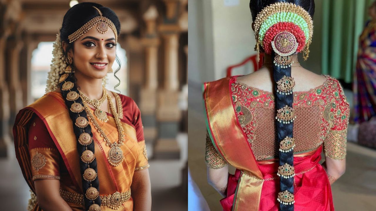 कुंदन-मोती शीश पट्टी: अगर आप साड़ी को साउथ इंडियन स्टाइल में पहनना चाहती हैं, तो कुंदन-मोती डिज़ाइन वाली यह शीश पट्टी चोटियों पर लगाने के लिए परफेक्ट है। मोती और कुंदन से बनी यह गोल्ड प्लेटेड टेंपल एक्सेसरी हर अवसर पर फैशनेबल और पारंपरिक लुक देती है। ब्राइडल लुक के लिए भी यह शानदार विकल्प है। (Img- Internet)