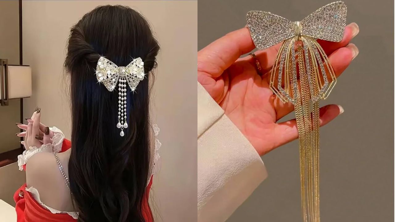 स्टोन एम्बेलिश्ड हेयर क्लिप्स: स्टोन वर्क वाले हेयर क्लिप्स पार्टी और वेडिंग लुक्स के लिए परफेक्ट हैं। यह आपके बालों में शाइन जोड़ती हैं और साड़ी का ग्लैमर बढ़ाती हैं। आप इसे साइड, बैक या फ्रंट पार्टिंग में लगा सकती हैं। (Img- Internet)