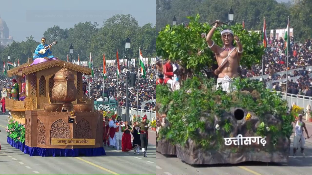 जम्मू-कश्मीर और छत्तीसगढ़: जम्मू-कश्मीर की झांकी में कृषि, केसर की खेती और राज्य की समृद्ध सांस्कृतिक विरासत को प्रमुखता दी गई। छत्तीसगढ़ की झांकी में डिजिटल विकास, बलिदानियों के प्रति सम्मान और राज्य की आधुनिक प्रगति को प्रदर्शित किया गया।