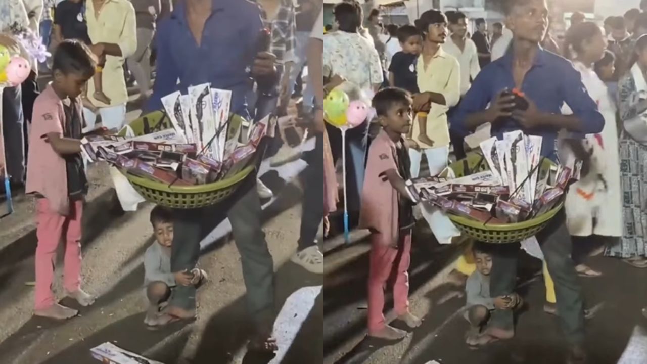 कठिनाई की तस्वीर: खिलौना बेचते पिता के पैरों से लिपटा बच्चा, सोशल मीडिया पर Video Viral