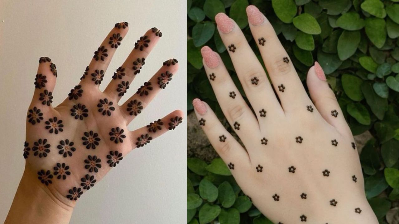 बैक हैंड के सिंपल मेहंदी डिजाइन की बात करें तो सबसे पहले डॉट और फ्लावर पैटर्न आता है। इस डिजाइन को बनाने के लिए हाथ के पीछे अलग-अलग जगहों पर छोटे-छोटे डॉट बना लें, जहां आपको फूल क्रिएट करने हैं। इसके बाद सर्पिल से शुरुआत करें और धीरे-धीरे पंखुड़ियां बनाकर फ्लावर तैयार करें। 