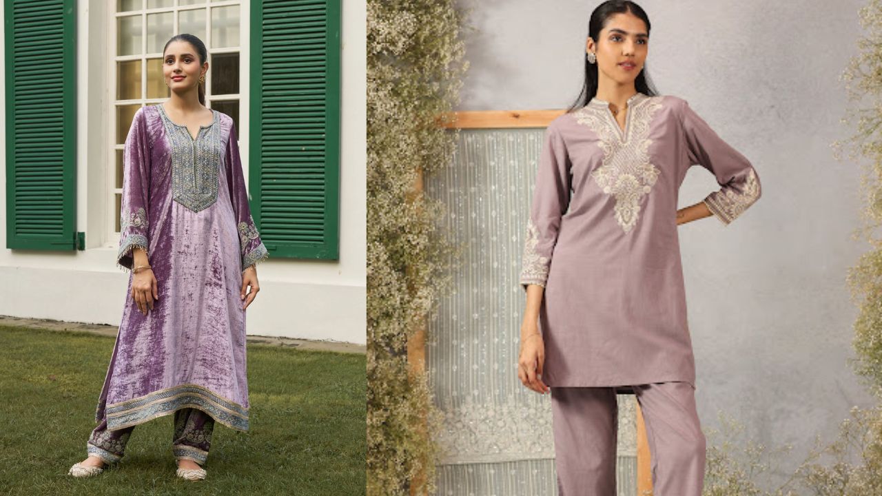 अगर आप ट्रेडिशनल के साथ सॉफ्ट कलर पैलेट पसंद करती हैं, तो लेवेंडर कलर का वेलवेट कुर्ता सेट एक शानदार ऑप्शन है। इस कुर्ता सेट में गोल्डन कलर की लेस डिटेलिंग दी गई है, जो इसे फेस्टिव टच देती है। इसके साथ नेट का गोल्डन दुपट्टा दिया गया है, जो पूरे आउटफिट को हल्का और एलिगेंट बनाता है। यह लुक उन महिलाओं के लिए खास है, जो सिंपल रहते हुए भी स्टाइलिश दिखना चाहती हैं। अगर आप ट्रेडिशनल के साथ सॉफ्ट कलर पैलेट पसंद करती हैं, तो लेवेंडर कलर का वेलवेट कुर्ता सेट एक शानदार ऑप्शन है। इस कुर्ता सेट में गोल्डन कलर की लेस डिटेलिंग दी गई है, जो इसे फेस्टिव टच देती है। इसके साथ नेट का गोल्डन दुपट्टा दिया गया है, जो पूरे आउटफिट को हल्का और एलिगेंट बनाता है। यह लुक उन महिलाओं के लिए खास है, जो सिंपल रहते हुए भी स्टाइलिश दिखना चाहती हैं।
