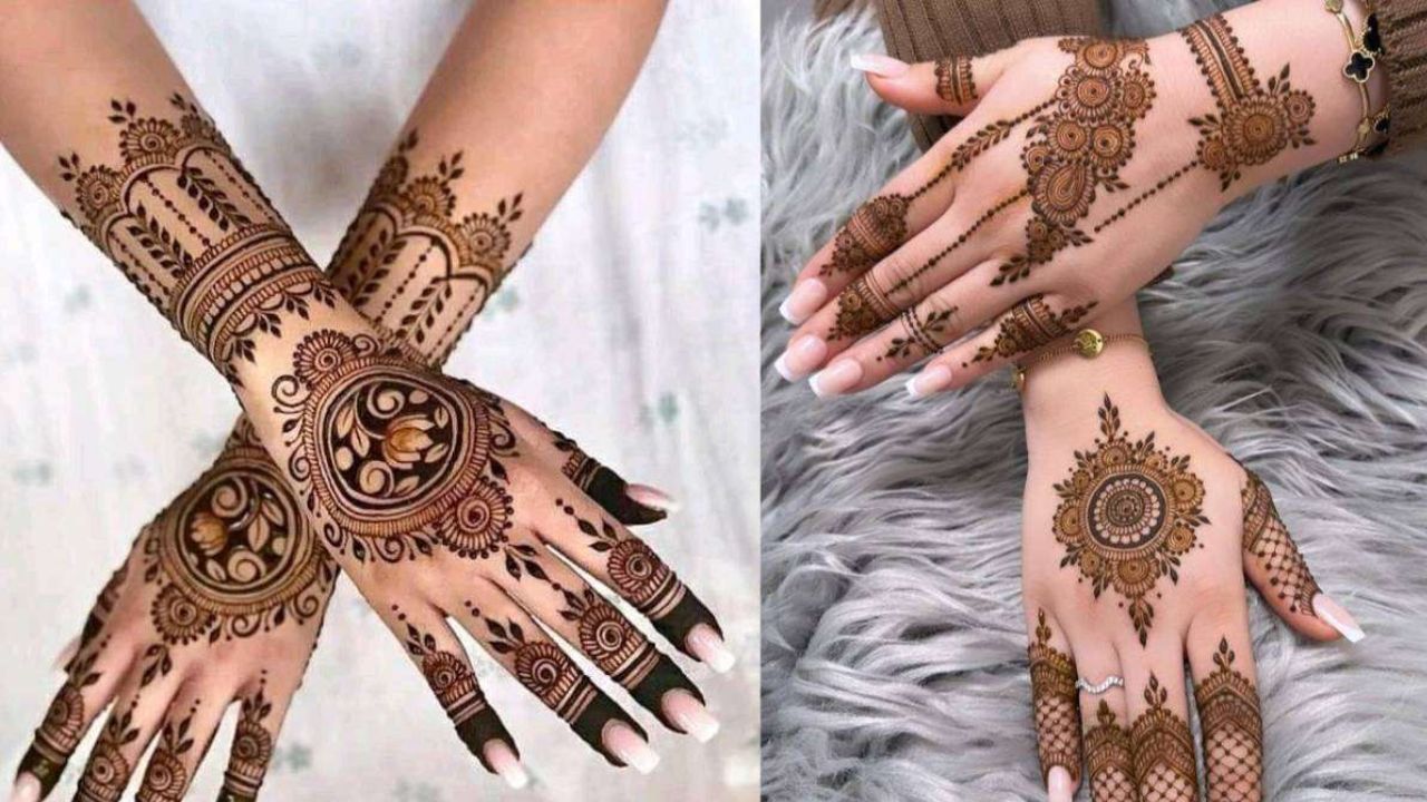 अगर आप ट्रेडिशनल के साथ-साथ ट्रेंडी लुक चाहती हैं, तो मांडला टच वाला यह डिजाइन परफेक्ट रहेगा। सबसे पहले हथेली के बीच में एक डॉट बनाएं और उसके चारों ओर डबल आउटलाइन दें। 