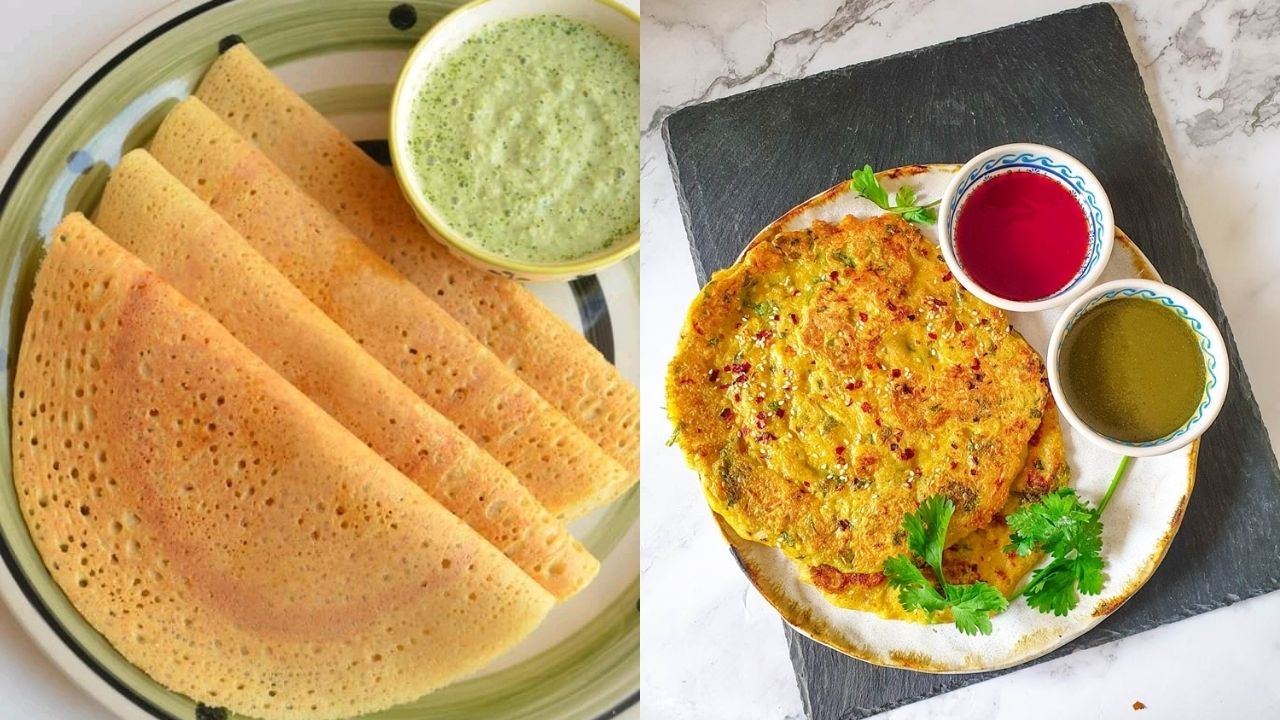 डोसा, चिल्ला और बेसन चीला: ओट्स डोसा, मूंग दाल चिल्ला और बेसन चीला घुलनशील फाइबर, प्रोटीन और मैग्नीशियम से भरपूर होते हैं। ये कोलेस्ट्रॉल घटाने और ब्लड प्रेशर संतुलित रखने में मदद करते हैं। हल्के मसाले और कम तेल का इस्तेमाल इन्हें और हेल्दी बनाता है। (Img- Internet)