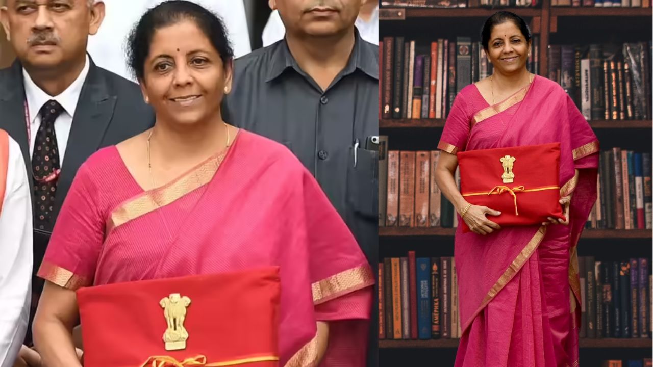 2019: पहली बजट साड़ी – मंगलगिरी का संदेश  अपने पहले बजट (2019) के दौरान निर्मला सीतारमण ने गुलाबी रंग की मंगलगिरी साड़ी पहनी थी, जिसमें पतला सुनहरा बॉर्डर था। यह साड़ी सादगी और मजबूती का प्रतीक बनी और उनके ट्रेडमार्क स्टाइल की शुरुआत भी। (Img: Google)