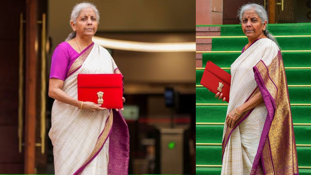 केंद्रीय बजट 2024 में ऑफ-व्हाइट मंगलगिरी साड़ी, सुनहरे चेक और मैजेंटा बॉर्डर के साथ नजर आई। यह आंध्र प्रदेश की बुनाई परंपरा को दोबारा सामने लाने का प्रयास था। (Img: Google)