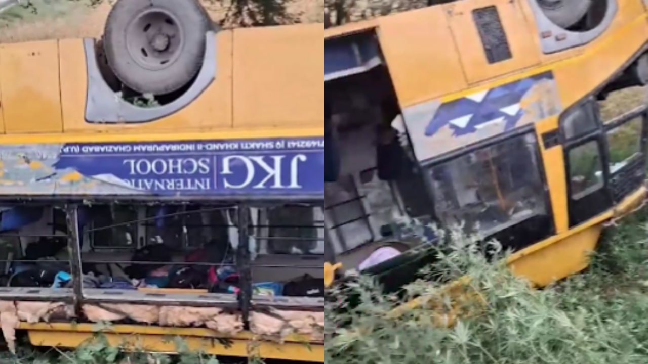 मेरठ में बच्चों से भरी स्कूल बस खाई में पलटी, चालक फरार