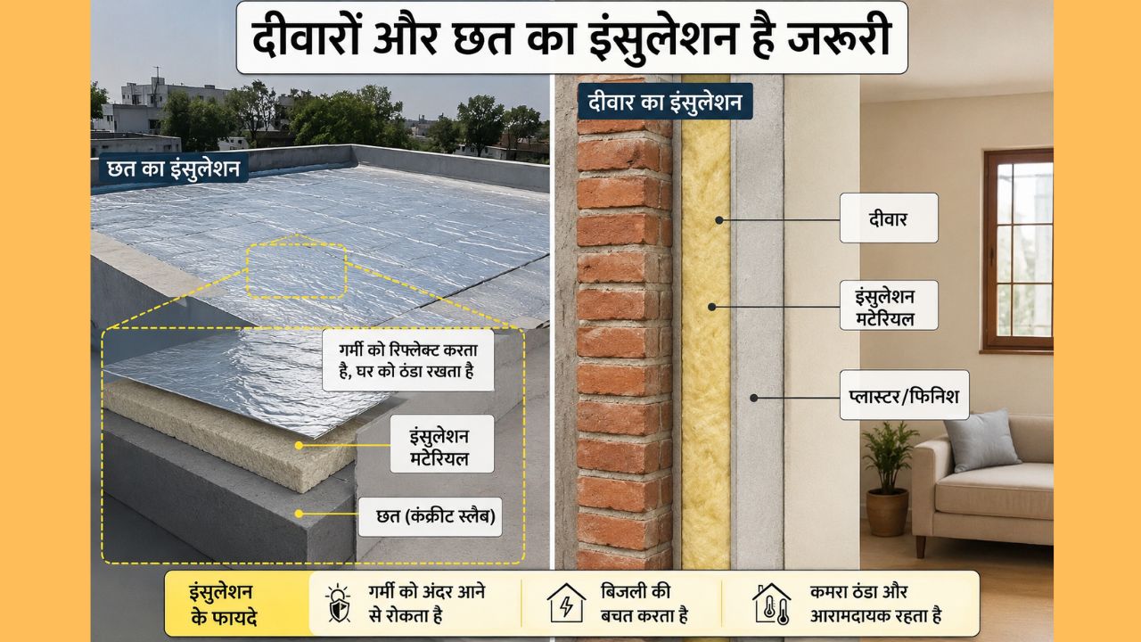  घर को गर्मी से बचाने के लिए दीवारों और छत का इंसुलेशन बेहद महत्वपूर्ण होता है। इसके लिए ग्लास बेस्ड मटेरियल, फोम मटेरियल और ऐश ब्लॉक जैसे विकल्प इस्तेमाल किए जा सकते हैं। इन मटेरियल की खासियत यह होती है कि ये सूरज की किरणों को कम सोखते हैं और उन्हें वापस रिफ्लेक्ट कर देते हैं। इससे छत ज्यादा गर्म नहीं होती और घर के अंदर का तापमान नियंत्रित रहता है।  यदि इंसुलेशन कराना संभव न हो तो दीवारों को थोड़ा मोटा बनाकर भी गर्मी को अंदर आने से काफी हद तक रोका जा सकता है।(Img: AI Source)