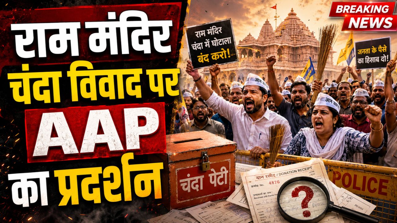 राम मंदिर चंदा विवाद पर आप का प्रदर्शन, भिक्षाटन कर चंपत राय को भेजा ₹420 का चेक