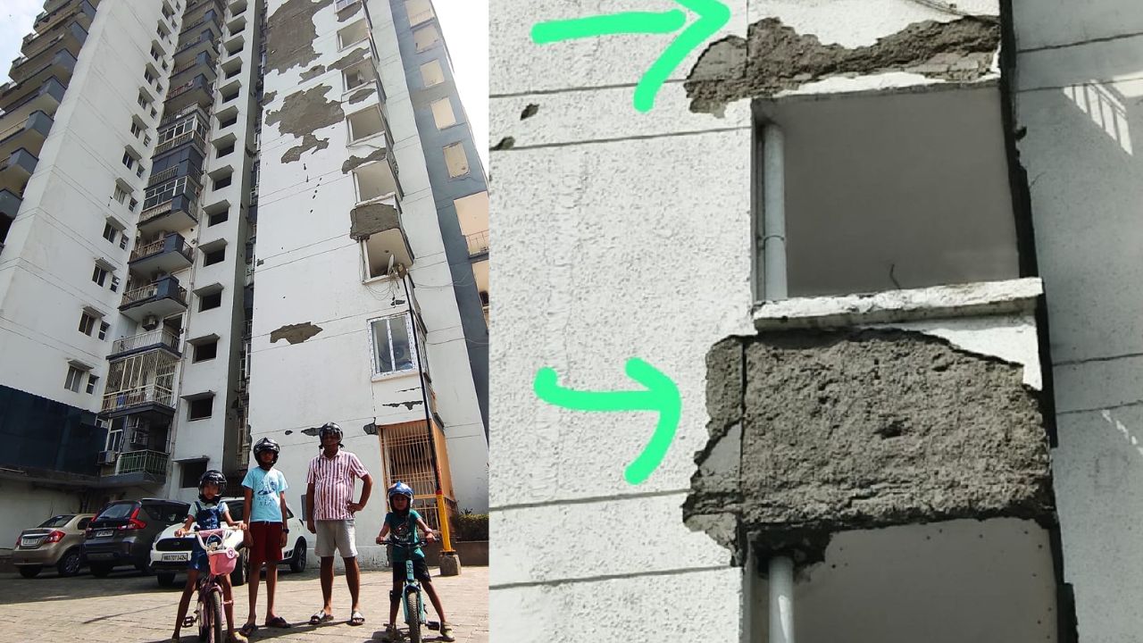 नोएडा की नामी सोसाइटी में बिल्डर की लापरवाही से गिर रहा प्लास्टर, हेलमेट पहनने को मजबूर हुए निवासी