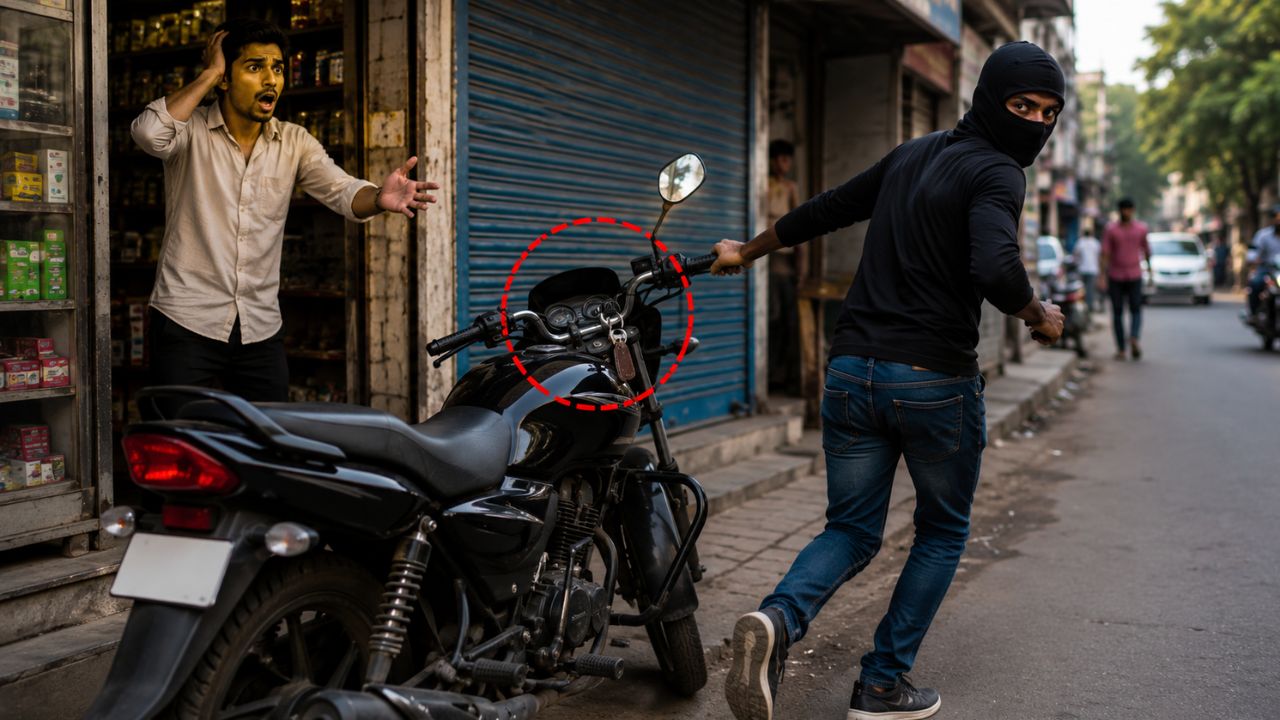 बस 5 मिनट की लापरवाही और बाइक गायब… दुकान के बाहर हुई घटना ने सबको चौंकाया