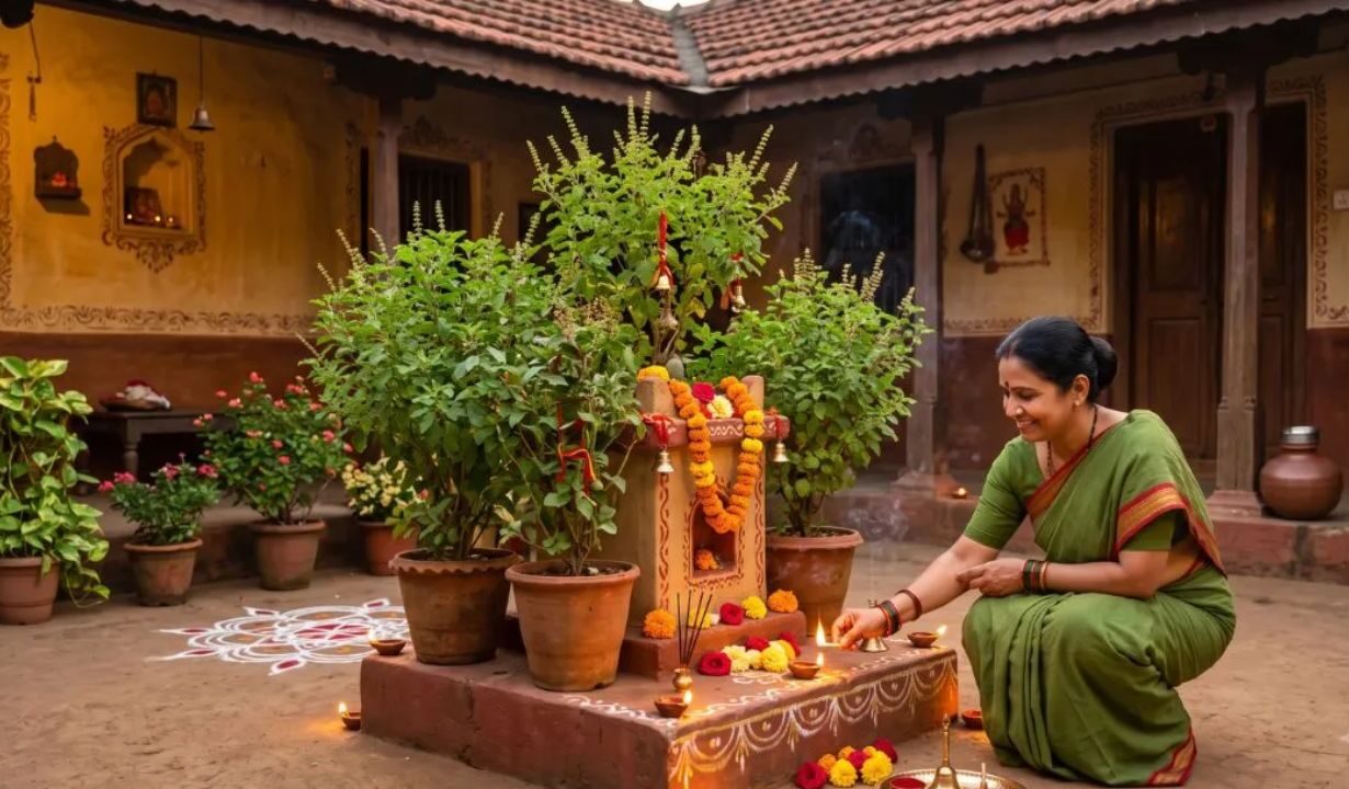 पुराने जमाने में घरों की बनावट इस तरह होती थी कि कमरे चारों तरफ और बीच में खुला आंगन होता था। इस आंगन के ठीक बीचों-बीच तुलसी का चौरा बनाया जाता था। इसके पीछे की मुख्य वजह घर का एयर वेंटिलेशन सिस्टम था। दिनभर हवा आंगन से होकर ही कमरों में प्रवेश करती थी। जब ताजी हवा तुलसी के पत्तों को छूकर घर के भीतर गुजरती थी, तो कमरे अपने आप प्राकृतिक रूप से ऑक्सीजन से भर जाते थे। (Img- Pinterest)