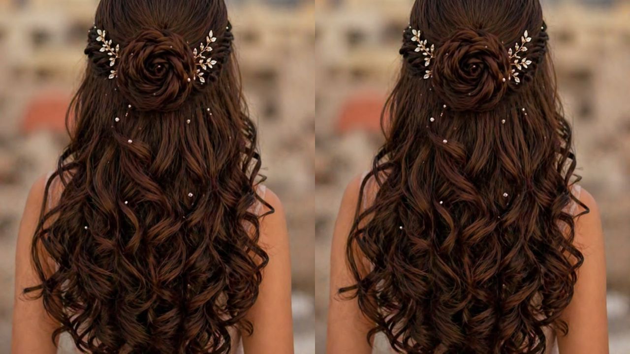 जॉर्जेट, शिफॉन या ऑर्गेंजा साड़ी के साथ खुले बाल बेहद अट्रैक्टिव लगते हैं। बालों को पूरी तरह सीधा रखने की बजाय नीचे की तरफ से सॉफ्ट वेव्स या कर्ल्स (Soft Curls) दें। साइड पार्टिंग करके आगे की कुछ लटें चेहरे पर गिरने दें, यह स्टाइल आपके लुक को एकदम ग्लैमरस और यूथफुल बना देगा। (Img- Pinterest)