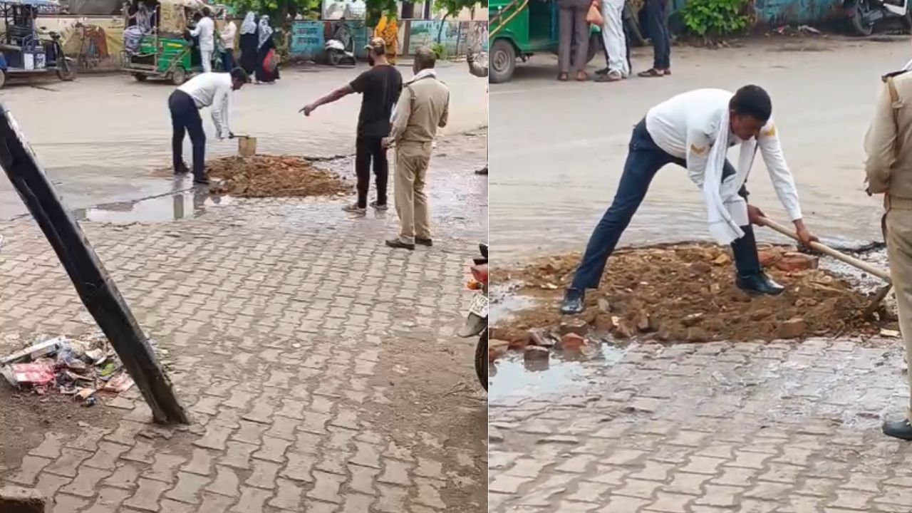 चालान छोड़ फावड़ा उठाया, सड़क के गड्ढे भरने लगा पुलिसकर्मी; लोगों ने कहा- यही है असली सेवा