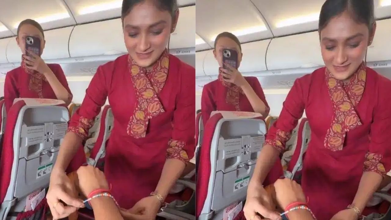 हजारों फीट ऊपर ‘ब्रो-जोन’: एयर होस्टेस ने चलती फ्लाइट में पैसेंजर को बांधी राखी, Video Viral