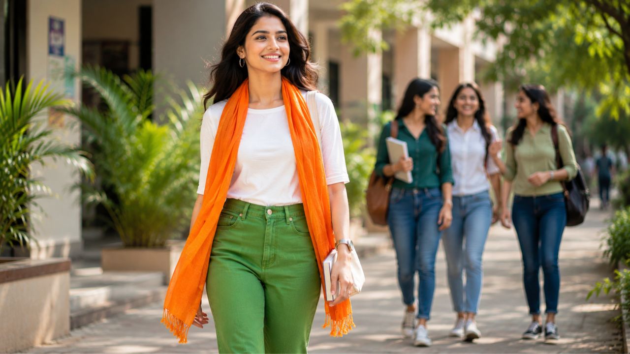 अगर आप बहुत ज्यादा पारंपरिक कपड़े नहीं पहनना चाहतीं और मॉडर्न लुक पसंद करती हैं, तो सफेद रंग के टॉप के साथ हरे रंग का ट्राउजर या जींस पहनें। इसके साथ ही गले में संतरी रंग का स्कार्फ या स्टोल डाल लें। यह वेस्टर्न स्टाइल आपको स्वतंत्रता दिवस के रंग में ढालने के साथ-साथ दोस्तों के बीच सबसे अलग और आकर्षक बनाएगा। (Img- AI)