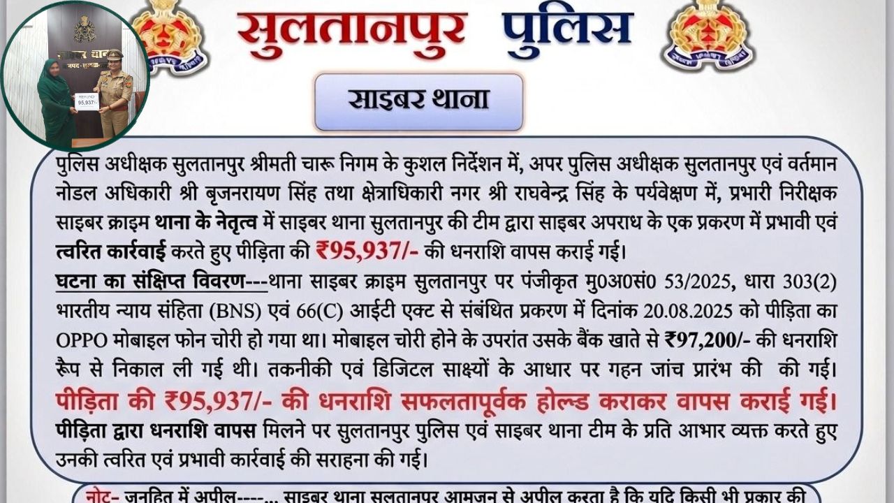 साइबर थाना की बड़ी सफलता: चोरी हुए मोबाइल से निकाली गई 95,937रुपये की रकम पीड़िता को वापस दिलाई