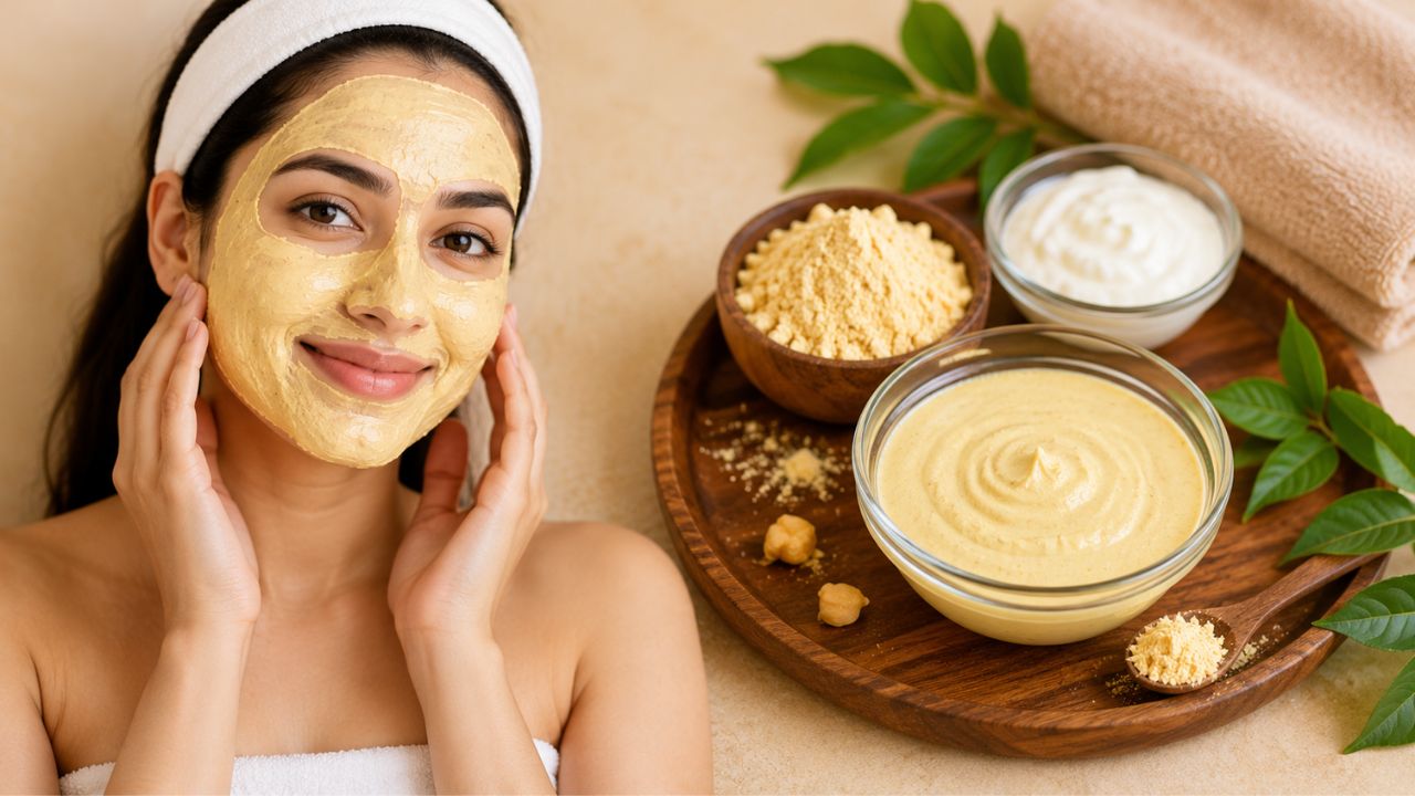सदियों से बेसन का इस्तेमाल त्वचा की रंगत सुधारने के लिए किया जाता रहा है। एक चम्मच बेसन में थोड़ा सा दही या गुलाब जल मिलाकर पेस्ट बना लें। इसे चेहरे पर हल्के हाथों से मलें और फिर पानी से साफ कर लें। यह उपाय चेहरे की अतिरिक्त चिकनाई, धूल और गंदगी को हटाकर त्वचा को कुदरती चमक प्रदान करता है। (Img- Envato)