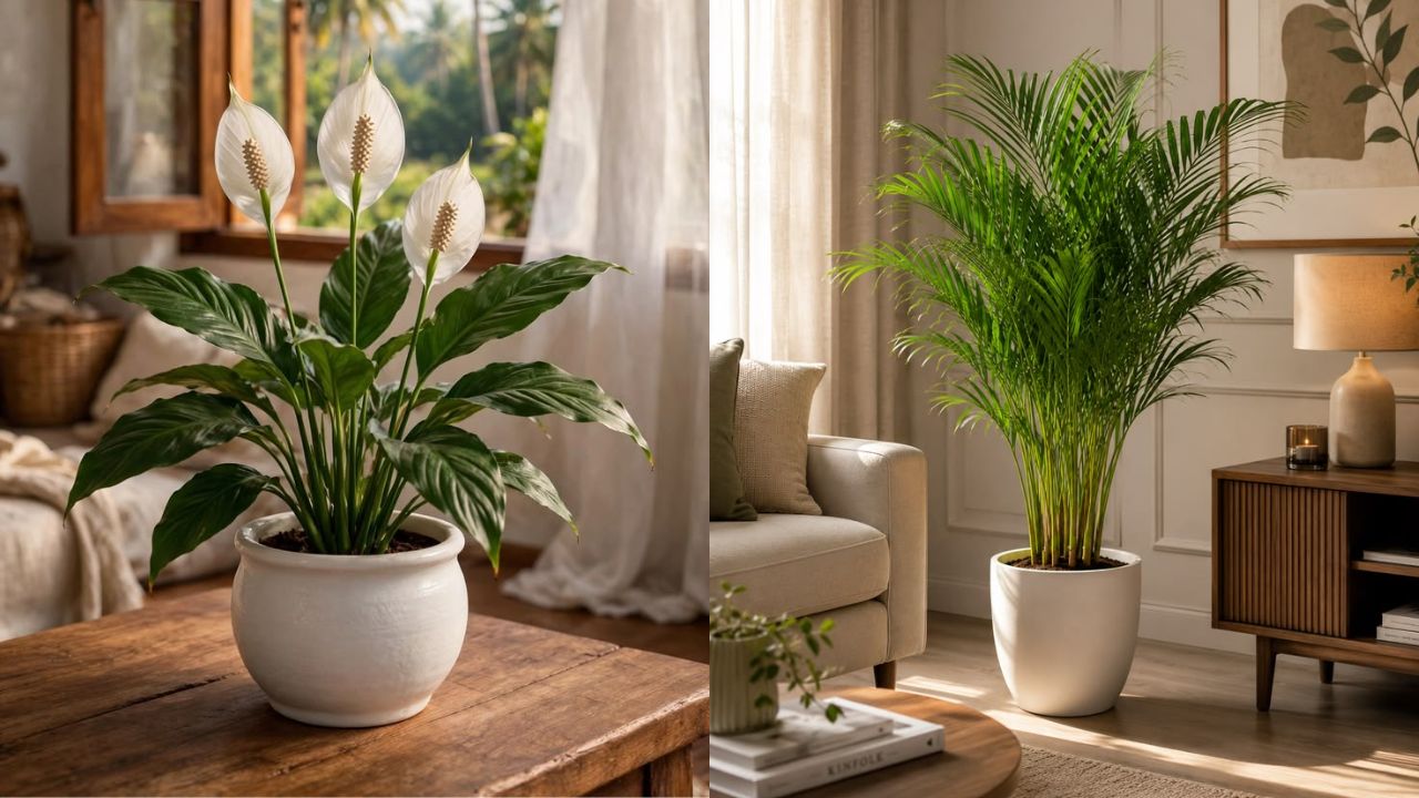 घर के मुख्य द्वार या डाइनिंग एरिया को आलीशान बनाने के लिए पीस लिली (Peace Lily) और एरिका पाम (Areca Palm) का कॉम्बिनेशन बहुत लोकप्रिय है। पीस लिली के गहरे हरे पत्तों के बीच खिलने वाले सफेद फूल घर की खूबसूरती में चार चांद लगा देते हैं। वहीं दूसरी ओर, घने और लंबे पत्तों वाला एरिका पाम लिविंग एरिया में एक नेचुरल ग्रीन कैनोपी जैसा माहौल तैयार करता है। इन पौधों को जब स्टाइलिश स्टैंड्स पर रखा जाता है, तो ये किसी महंगे इंटीरियर डेकोर आइटम से कम नहीं लगते हैं। (Img- Pinterest)