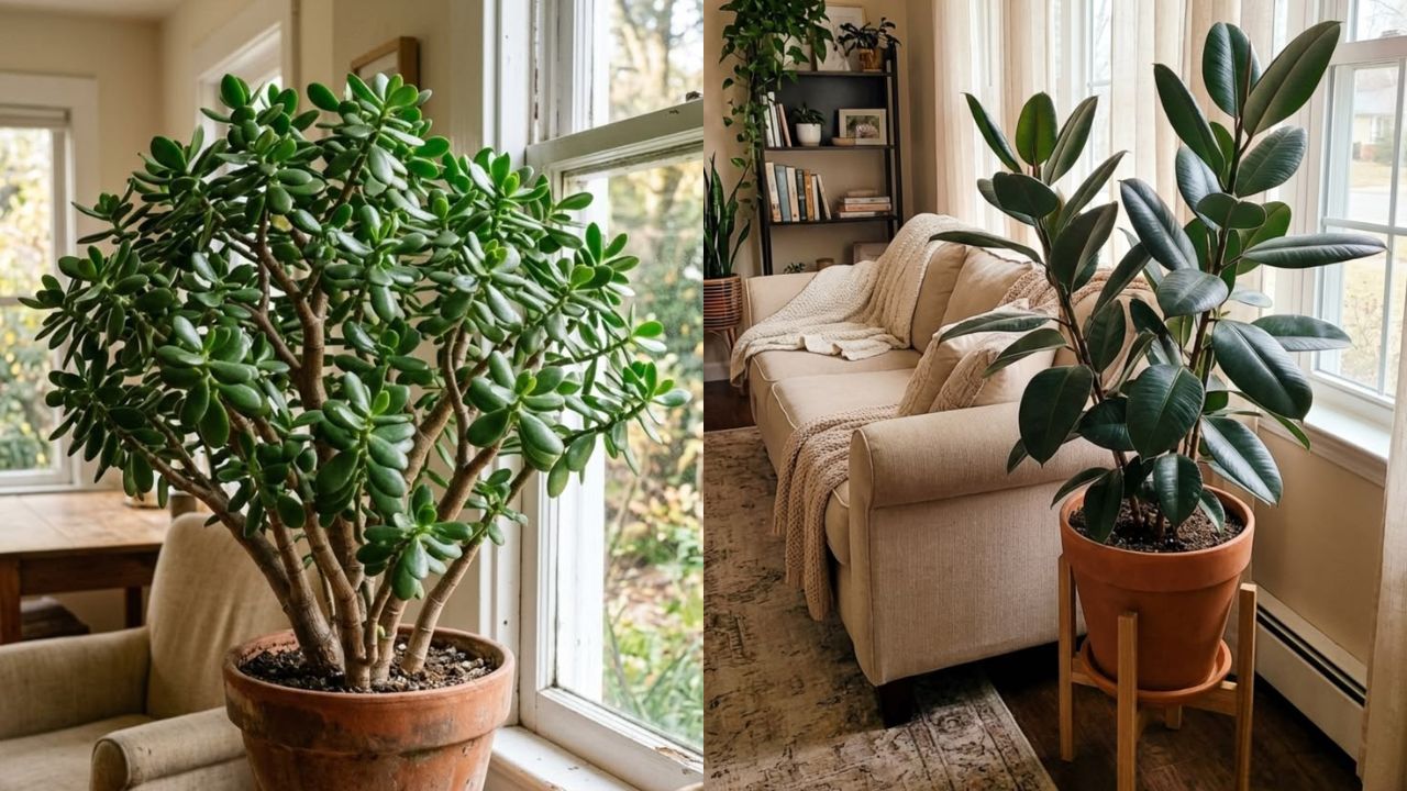 घर के हर कोने को यूनिक और क्लासी लुक देने में रबर प्लांट (Rubber Plant) और ज़ेड प्लांट (Jade Plant) बेहद कारगर साबित होते हैं। रबर प्लांट की गहरे रंग की मोटी और चमकदार पत्तियां देखने में बेहद रॉयल लगती हैं, जो लाइट कलर की दीवारों के साथ शानदार कंट्रास्ट बनाती हैं। वहीं छोटे और गोल पत्तों वाला ज़ेड प्लांट टेबलटॉप्स और शेल्फ्स पर सजाने के लिए बेस्ट है। वास्तुशास्त्र में भी ज़ेड प्लांट को समृद्धि का प्रतीक माना गया है, जो घर में सकारात्मक ऊर्जा और समृद्धि लेकर आता है। (Img- Pinterest)