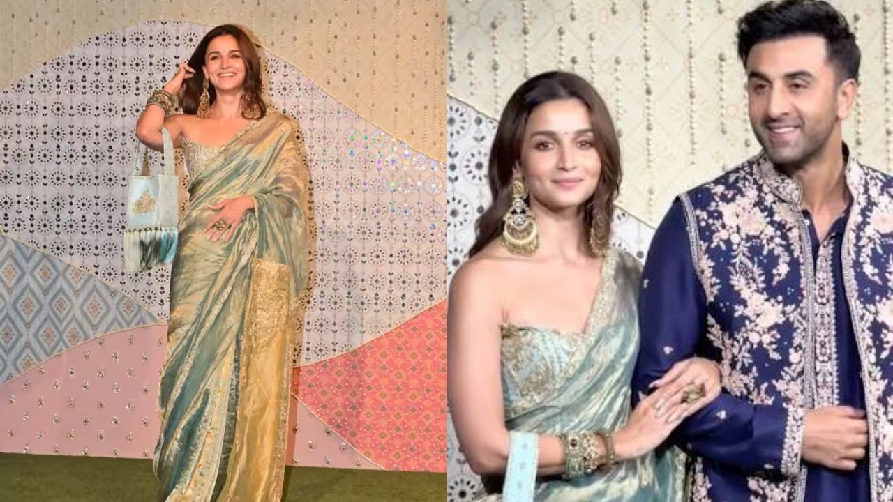 अभिनेत्री आलिया भट्ट ने एंटीलिया के इस ग्रैंड सेलिब्रेशन के लिए 'हाउस ऑफ मसाबा' की कस्टम आइस-ब्लू टिश्यू साड़ी का चुनाव किया। इस साड़ी पर बेहद बारीक हाथ की जरदोजी कढ़ाई का काम किया गया था। अपने इस देसी लुक में आधुनिकता और ग्लैमर का तड़का लगाने के लिए आलिया ने ट्रेडिशनल ब्लाउज की जगह कढ़ाईदार ब्लू कोर्सेट पहना और साथ में मैचिंग बैंगल्स, इयररिंग्स और एक अट्रैक्टिव पोटली बैग कैरी किया। (Img- Instagram)