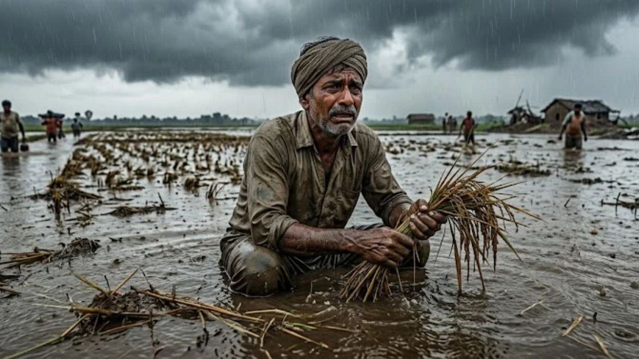 तीन दिन से बारिश और तेज हवा का कहर, खेतों में बिछी धान की फसल; किसान बोले- अब कौन खरीदेगा?