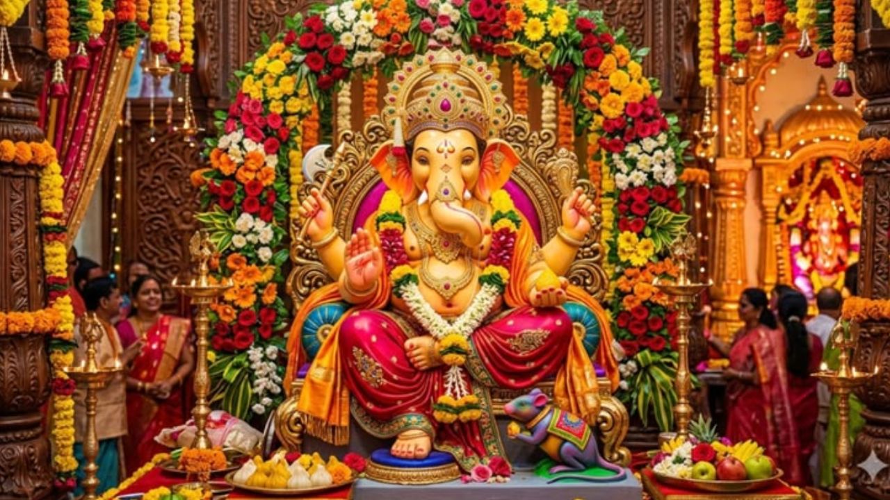 बप्पा की चौकी के पीछे और मंडप को शाही लुक देने के लिए घर में मौजूद चमकीले कपड़ों का इस्तेमाल किया जा सकता है। लाल, पीला, केसरिया या रानी गुलाबी रंग के मखमली, सिल्क या सूती दुपट्टे और कपड़ों को खूबसूरत चुनरी पैटर्न में प्लेट्स बनाकर दीवारों पर सेट करें। इन कपड़ों के ऊपर यदि गेंदे के फूलों की लड़ियां और फेयरी लाइट्स को साथ में सजाया जाए, तो पंडाल का लुक किसी प्रोफेशनल डेकोरेशन से कम नहीं लगेगा। (सोर्स- Pinterest)
