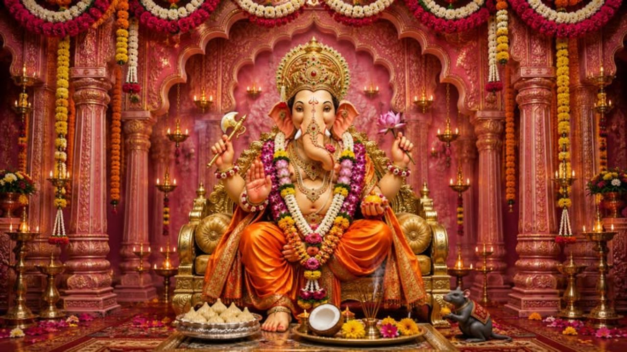 पूजा स्थल की सजावट में ताजे फूलों का कोई विकल्प नहीं है। इस गणेश चतुर्थी अपनी चौकी के पीछे की दीवार को गेंदे और गुलाब की लड़ियों से सजाकर एक जीवंत बैकग्राउंड तैयार करें। आप चाहें तो चमेली या मोगरे के फूलों को भी इसमें शामिल कर सकते हैं, जिससे पूरा घर धीमी भीनी खुशबू से महक उठेगा। फूलों की यह पारंपरिक सजावट न केवल देखने में सुंदर लगती है बल्कि बप्पा के दरबार में एक सकारात्मक और पवित्र ऊर्जा का संचार भी करती है। (सोर्स- Pinterest)