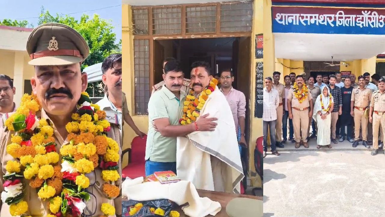 1987 में बने सिपाही, 40 साल बाद दरोगा पद से विदाई: झांसी के समथर थाने में छलके पुलिसकर्मियों के आंसू, गाजे-बाजे से दी विदाई