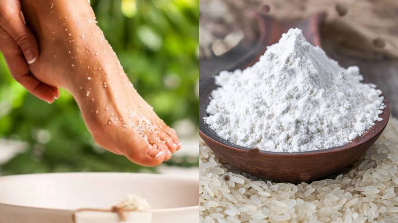 चावल का आटा भी घरेलू त्वचा देखभाल में इस्तेमाल किया जाता रहा है। इसके लिए एक चम्मच चावल के आटे में थोड़ा पानी मिलाकर पतला पेस्ट बना लें। इसे पैरों पर लगाएं और बिना जोर लगाए हल्के हाथों से फैलाएं। कुछ देर बाद सामान्य पानी से धो लें। तेज रगड़ाई करने से त्वचा को नुकसान पहुंच सकता है। फटी, जख्मी या संवेदनशील त्वचा पर यह तरीका अपनाने से बचें और बाद में मॉइस्चराइजर लगाएं। (Img- Pinterest)