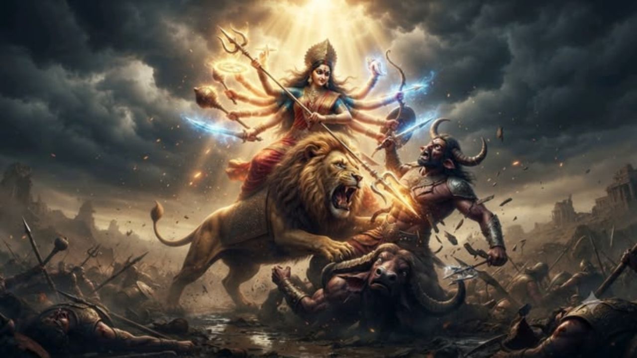 पौराणिक कथाओं के अनुसार, महिषासुर नामक शक्तिशाली असुर ने देवताओं को हराकर तीनों लोकों पर कब्जा कर लिया था। तब सभी देवताओं के तेज से माता दुर्गा (महाशक्ति) प्रकट हुईं। देवी ने महिषासुर के साथ लगातार नौ दिनों तक भयंकर युद्ध किया और दसवें दिन उसका वध कर दिया। इसी जीत की याद में इस दिन को विजयदशमी कहा जाता है, जहां महिषासुर को एक 'असुर' माना गया है।(सोर्स- Pinterest)