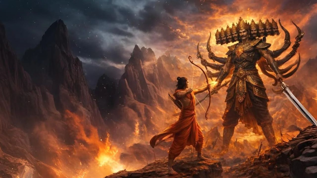 त्रेतायुग में लंका के राजा रावण ने माता सीता का छलपूर्वक अपहरण कर लिया था। इसके बाद भगवान श्रीराम ने वानर सेना की मदद से लंका पर चढ़ाई की। श्रीराम और रावण के बीच हुए लंबे युद्ध के बाद, भगवान राम ने दशमी तिथि को रावण का वध किया था। रावण को एक 'राक्षस' माना गया है। असत्य पर सत्य की इस जीत की खुशी में आज भी देश के कई हिस्सों में रावण, कुंभकर्ण और मेघनाद के पुतले जलाए जाते हैं और इसे दशहरा कहा जाता है।(सोर्स- Pinterest)