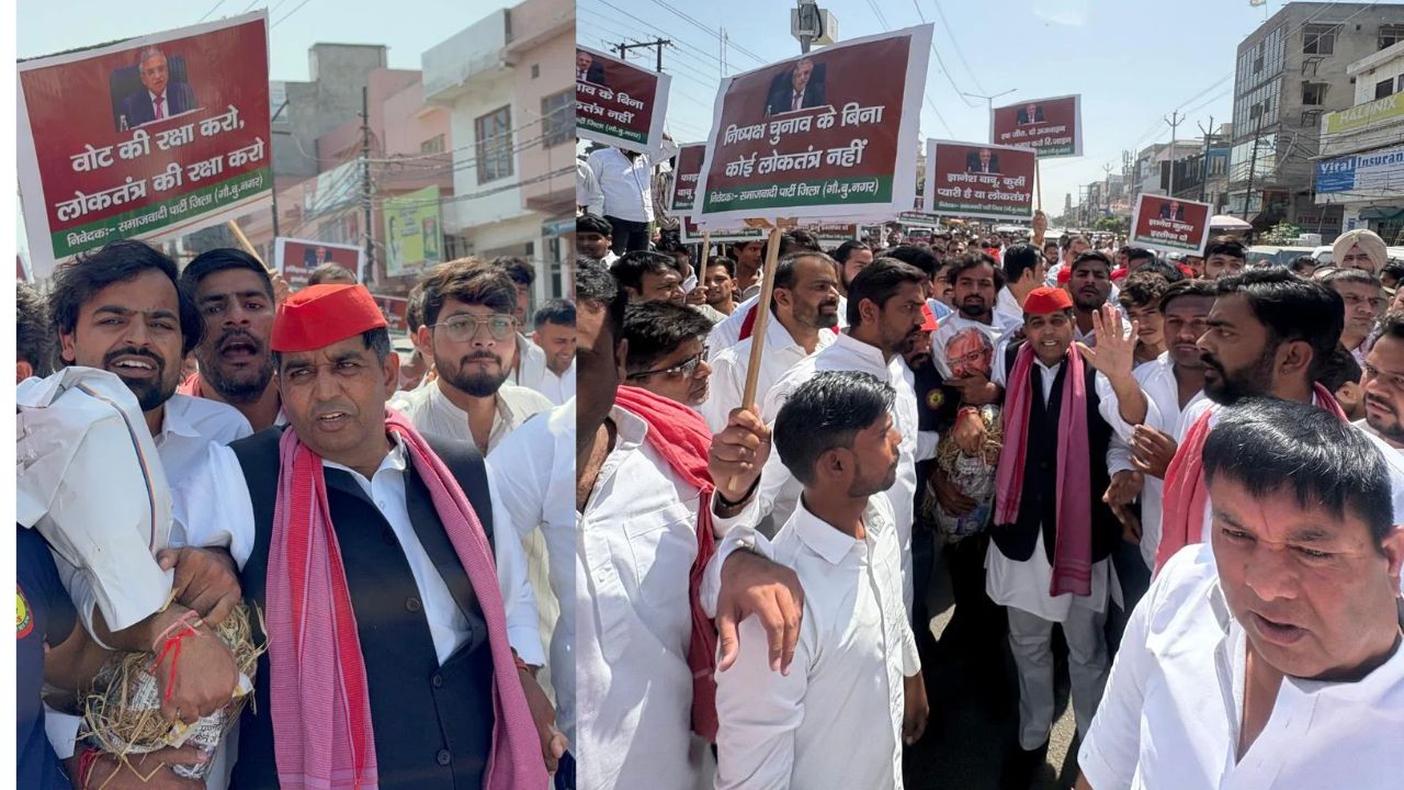 ग्रेटर नोएडा में समाजवादी पार्टी के नेताओं ने फूंका CEC ज्ञानेश कुमार का पुतला, पुलिस से हुई नोकझोंक