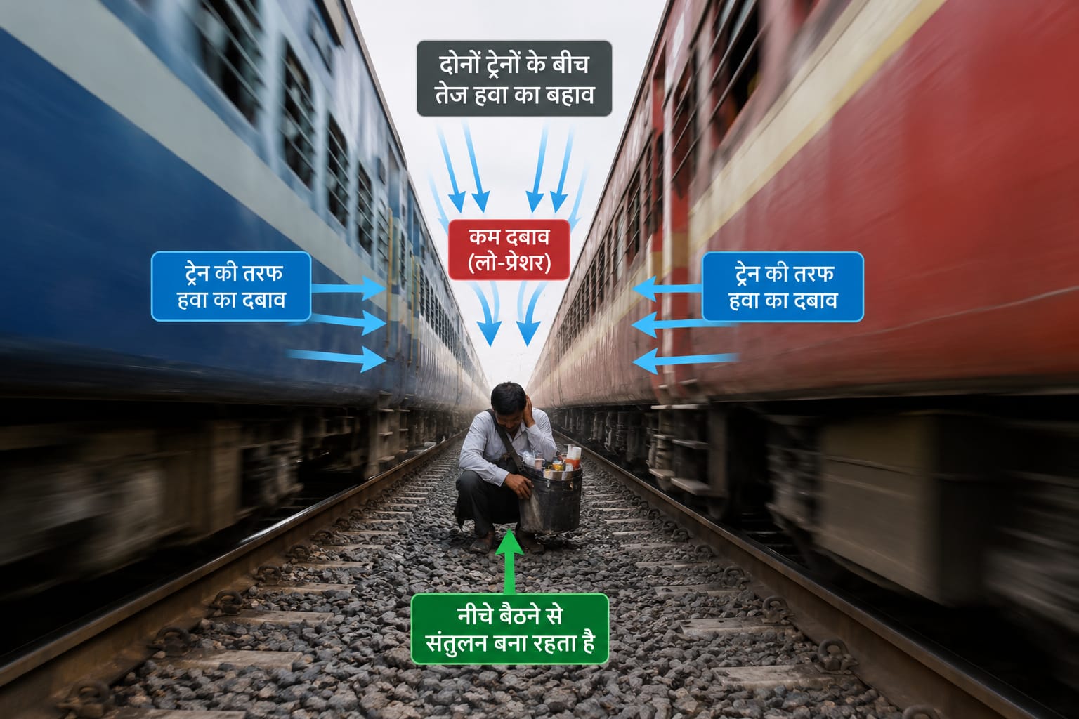 जब दो ट्रेनें तेजी से एक दूसरे को पास करती हैं तो बीच में फंसे फेरीवाले जान बचाने के लिए करते है ये काम
