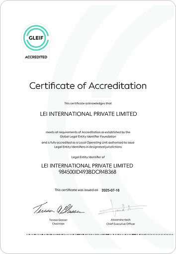 GLEIF Certificate of Accreditation for LEI International Private Limited