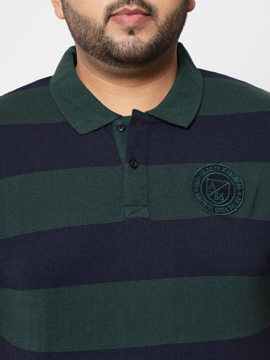 Men Plus Size Green & Navy Blue Striped Polo Collar T-shirt